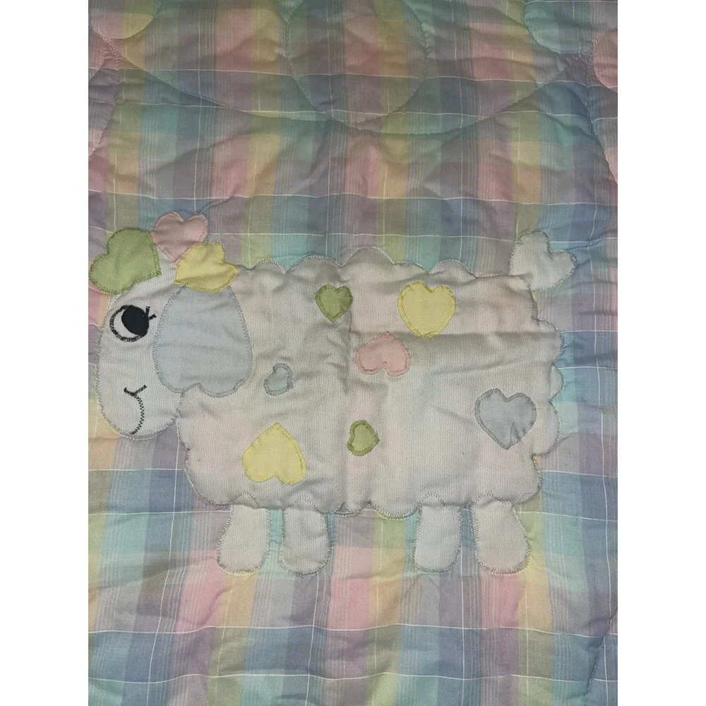 Vintage The Red Calliope‎ Lamb Baby Blanket Comforter Plaid Pink, Yellow & Blue